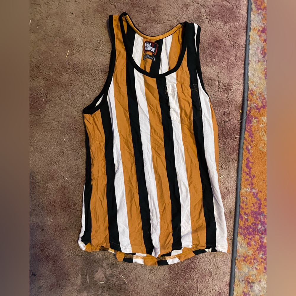 Kids large black, white, and orange striped tank top.